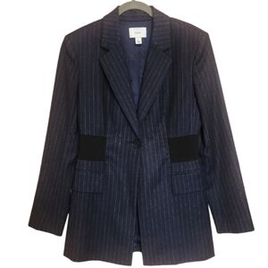 LEWIT DARK NAVY AND BLACK PINSTRIPE ELONGATED WOOL BLAZER SIZE 8 NWOT
